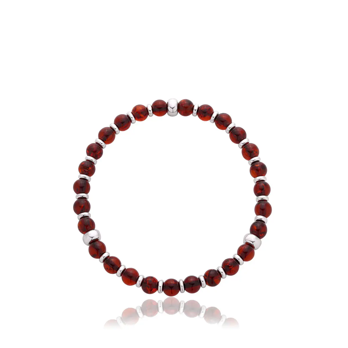 Bransoletka srebrna na gumce kulka z wiśniowym bursztynem