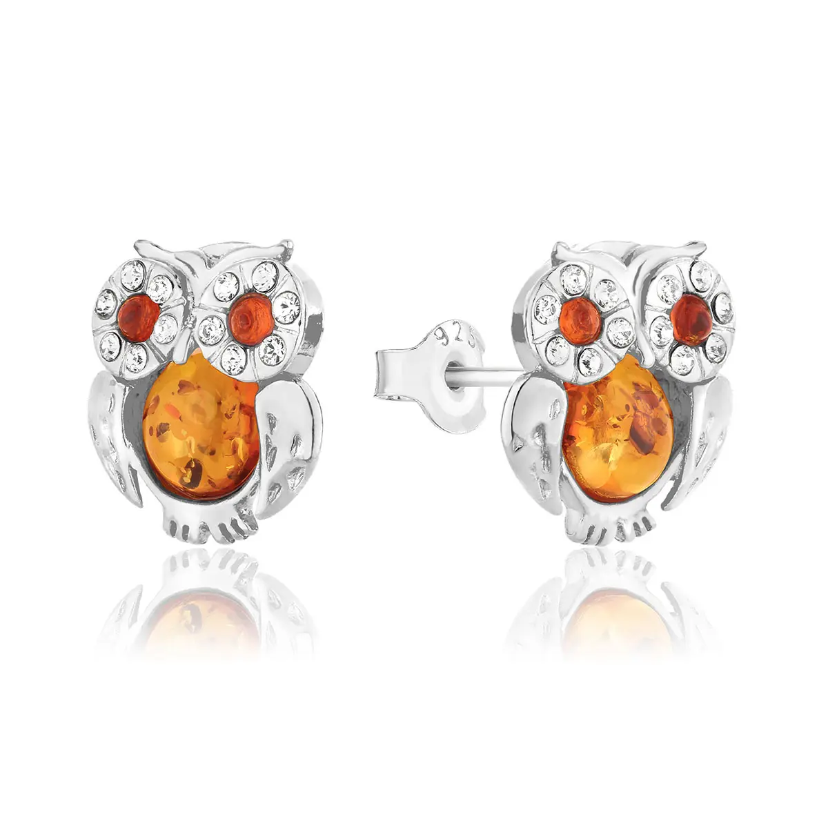 Kolczyki srebrne sowy z koniakowym bursztynem Owls