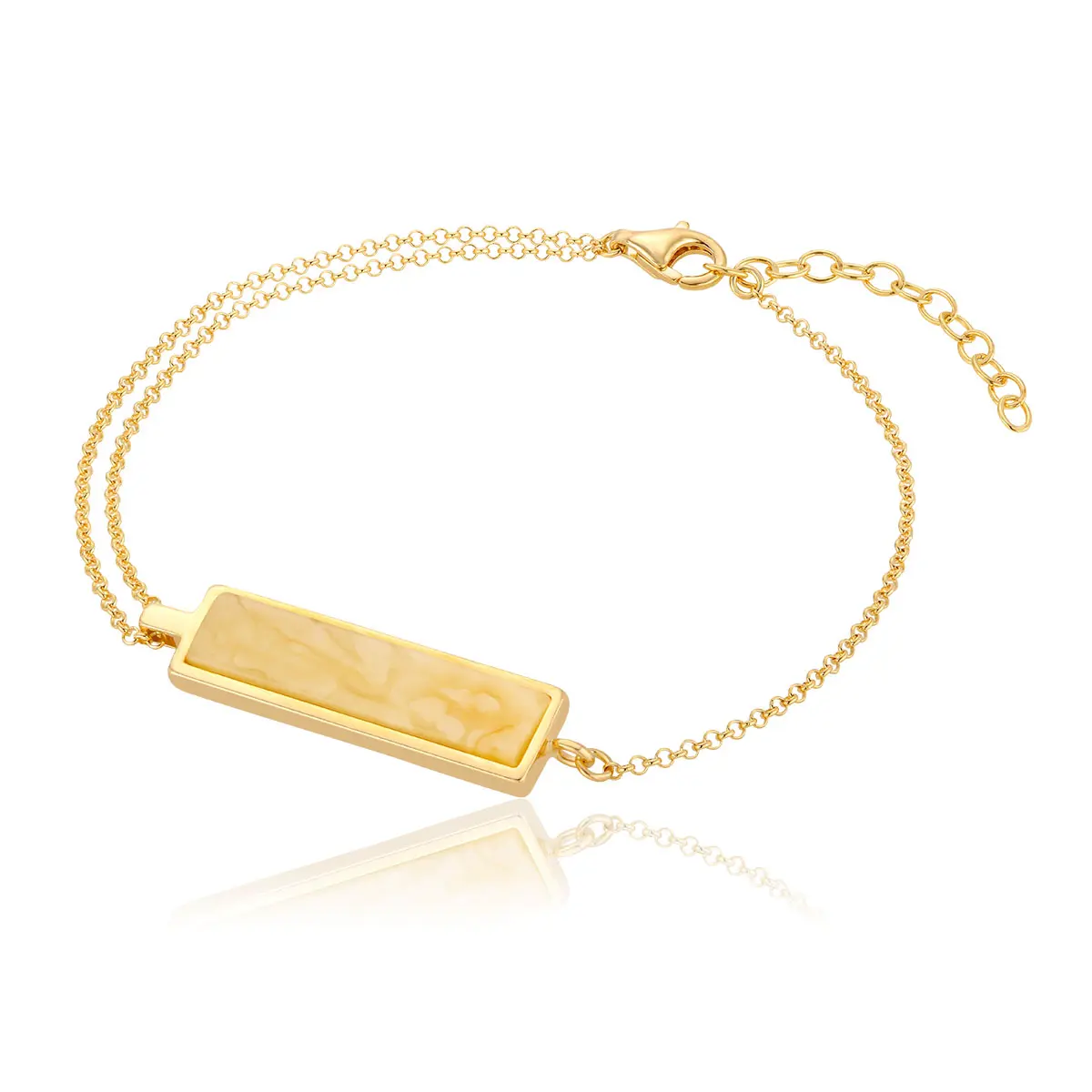 Bransoletka srebrna pozłacana prostokąt z mlecznym bursztynem