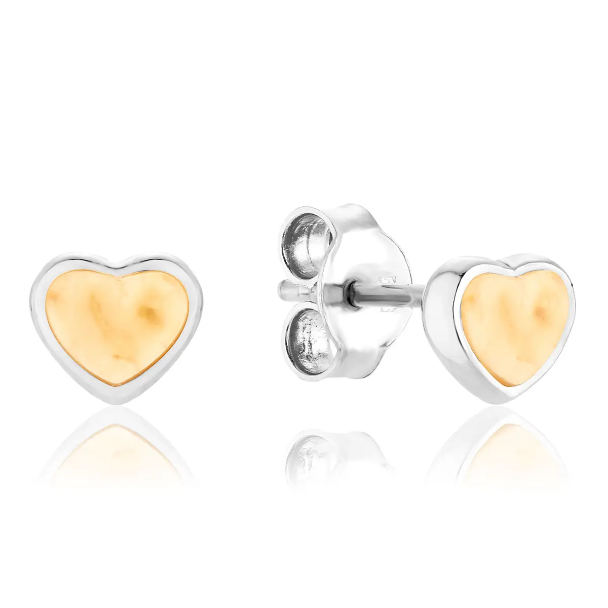 Kolczyki srebrne serduszka z mlecznym bursztynem