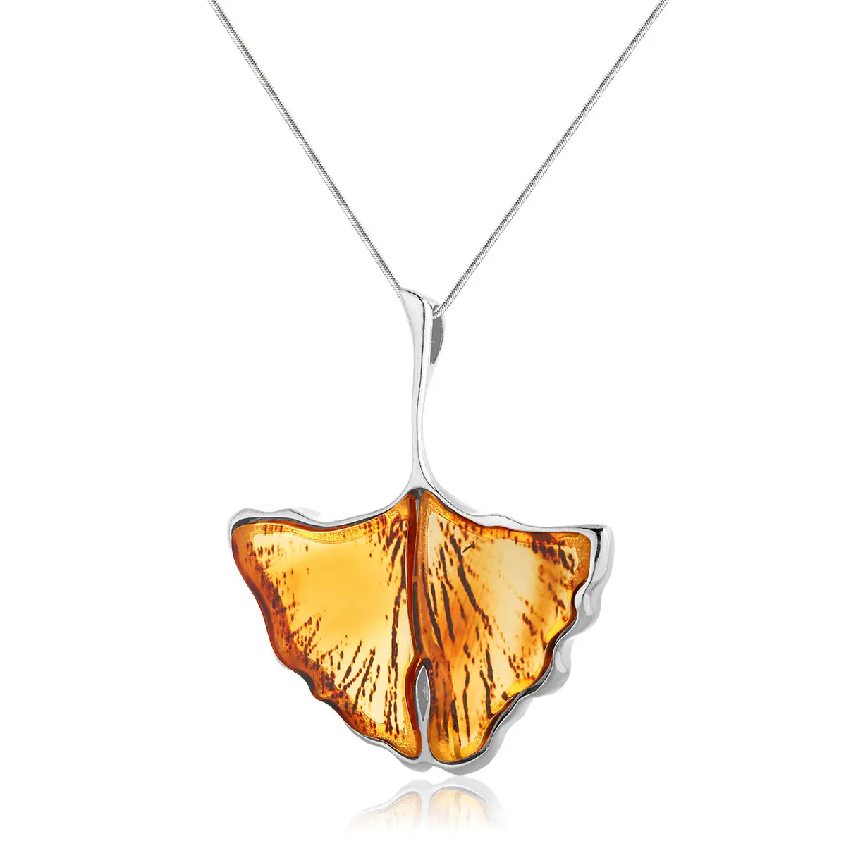 Zawieszka srebrna liść miłorzębu z bursztynem Big Ginkgo Leaf
