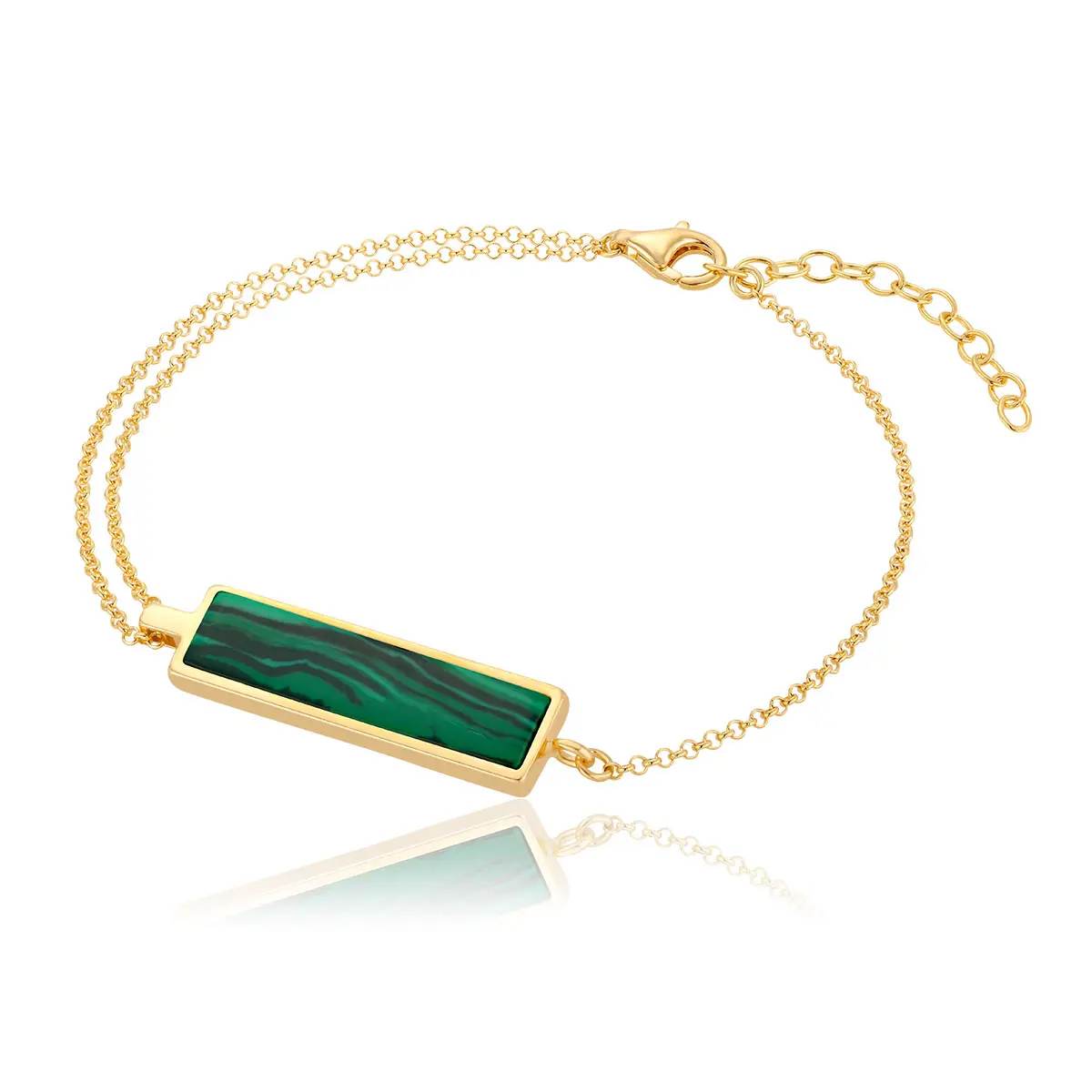 Bransoletka srebrna pozłacana prostokąt z malachitem