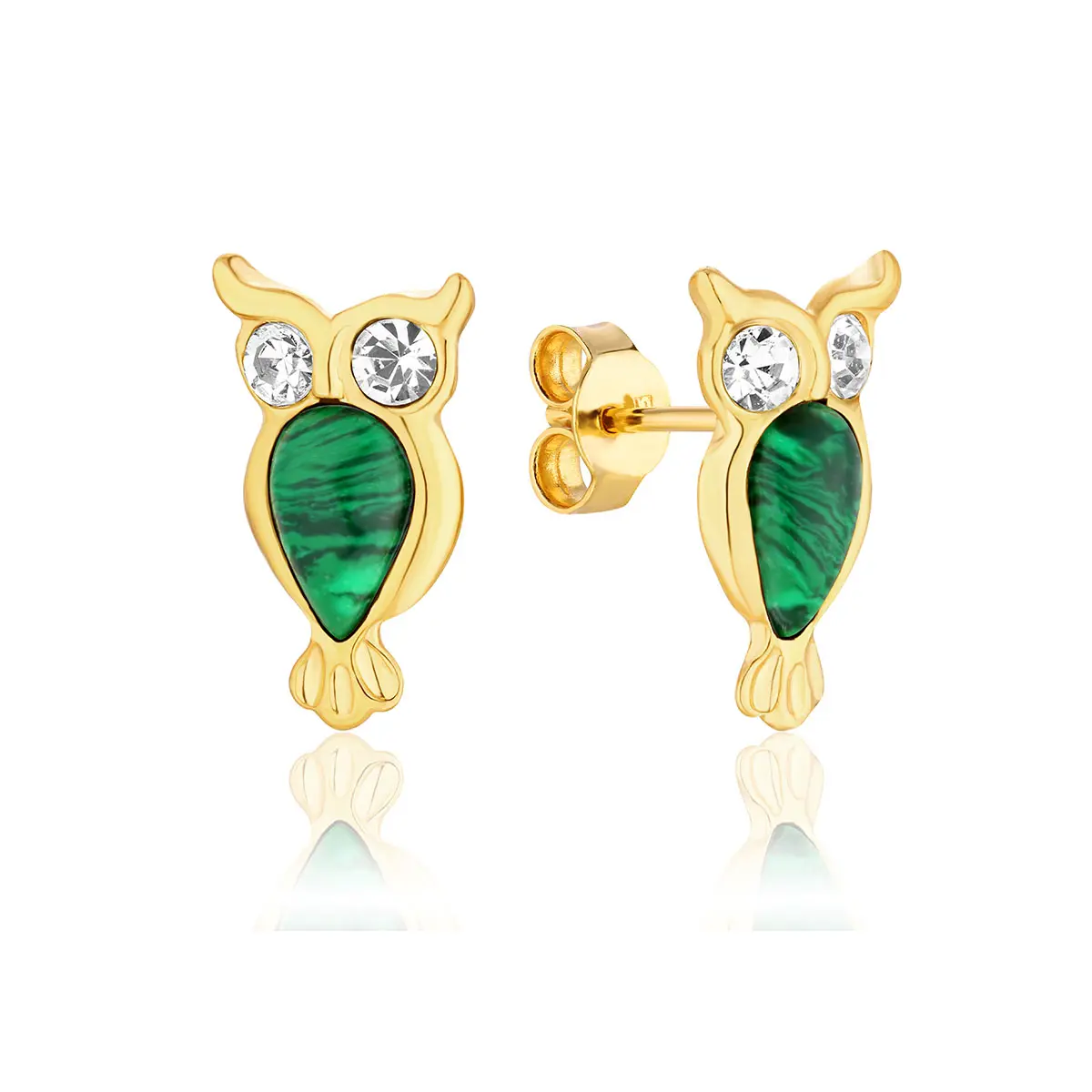 Kolczyki srebrne pozłacane sowy z malachitem mini Owls