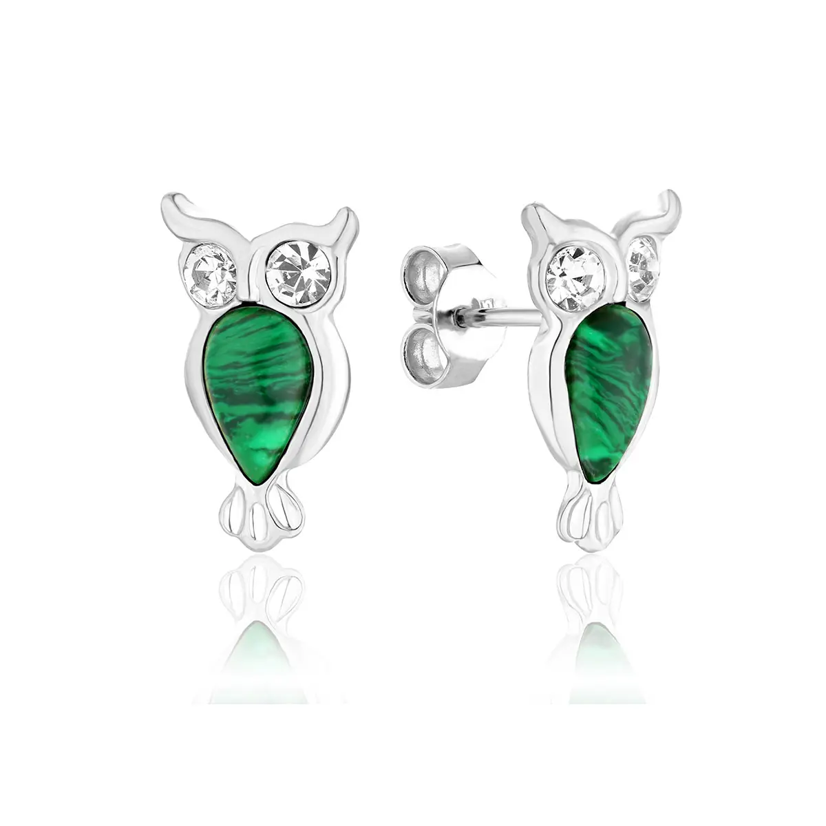Kolczyki srebrne sowy z malachitem mini Owls