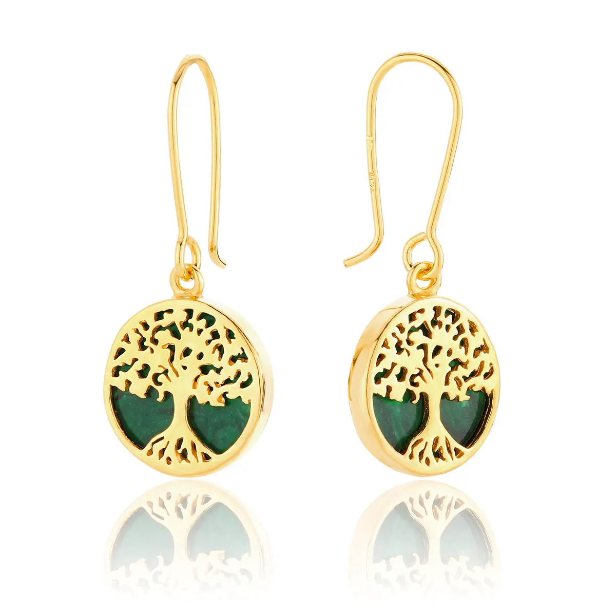 Kolczyki srebrne pozłacane drzewka życia z malachitem Tree of Life