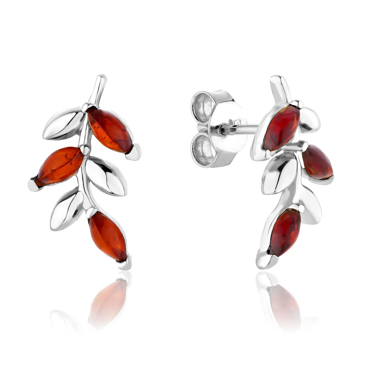 Kolczyki srebrne rodowane z wiśniowym bursztynem Olena