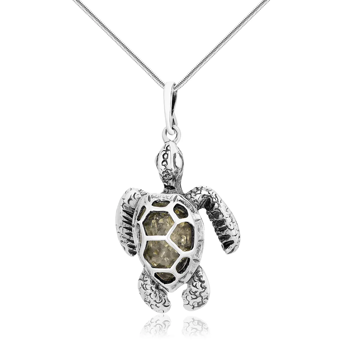 Zawieszka srebrna z zielonym bursztynem mini żółw