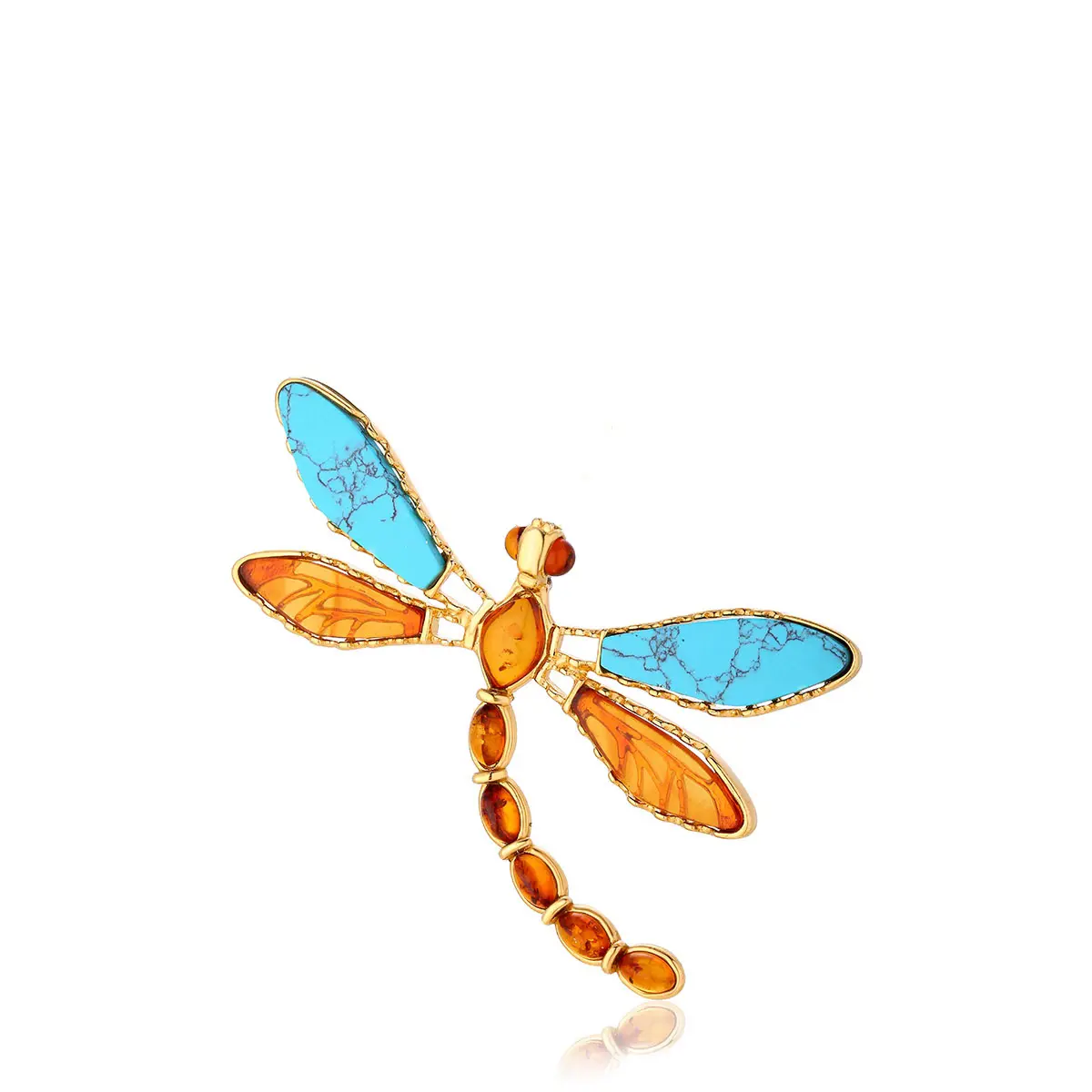 Broszka srebrna pozłacana ważka z turkusem i bursztynem